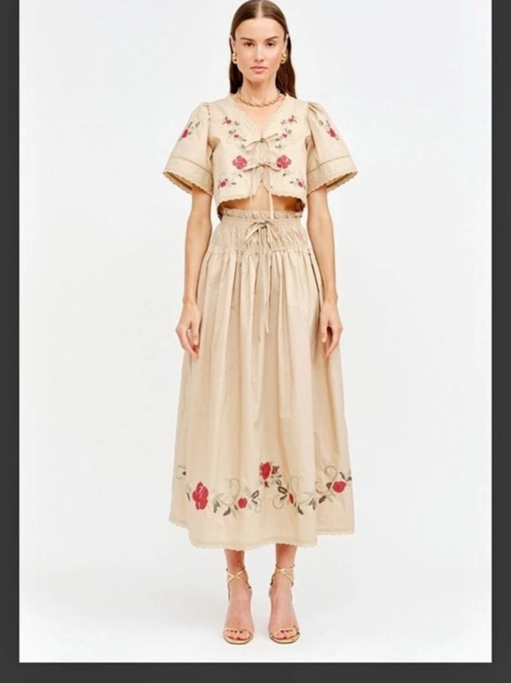Sophie The Label Floral Embroidered Midi 2pcs skirt set  in Cream & Red Like New